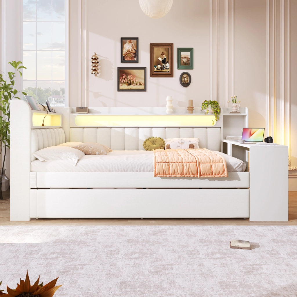 Letto Divano 140×200 cm; Letto Matrimoniale con Letto Estraibile; USB; LED e Scrivania; senza Materasso
