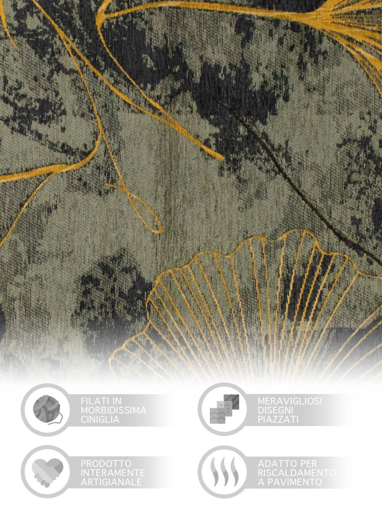 Tappeto Arredo Moderno Morbido in Ciniglia Ingresso Antiscivolo Prodotto Italiano  Soggiorno Camera Salotto Disegni Piazzati Cotone Varie Misure Grande Ginko/Verde - 140x200 cm