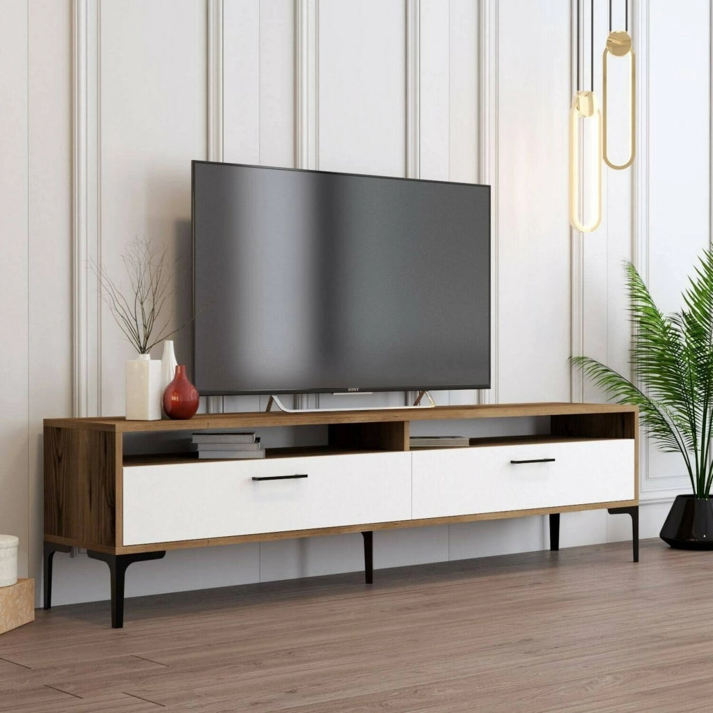 Mobile porta TV Angiari, Credenza da soggiorno, Armadio basso per TV, Base parete attrezzata, 47x35h180 cm, Noce e Bianco