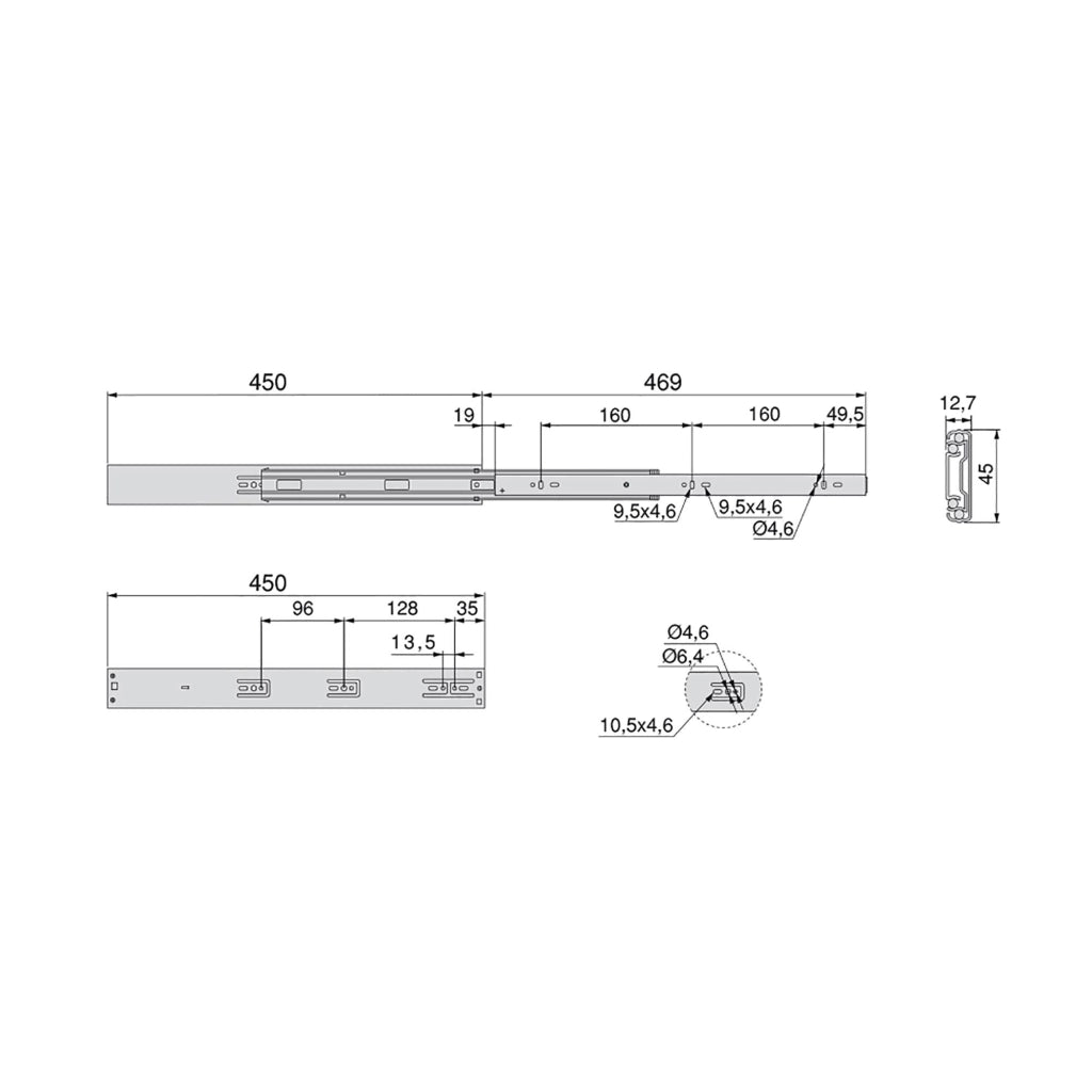 Kit Guide per Cassetti a Sfera 45 x 450 mm Estrazione Totale Chiusura Soft Zincato 5 Pezzi Emuca