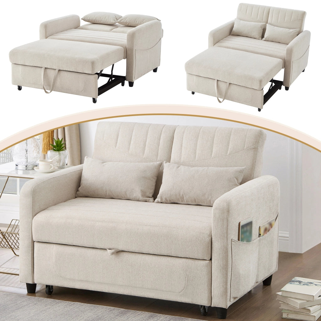 DIVANO LETTO 2 posti Estraibile 166x95 cm Beige in tessuto cotone-lino
