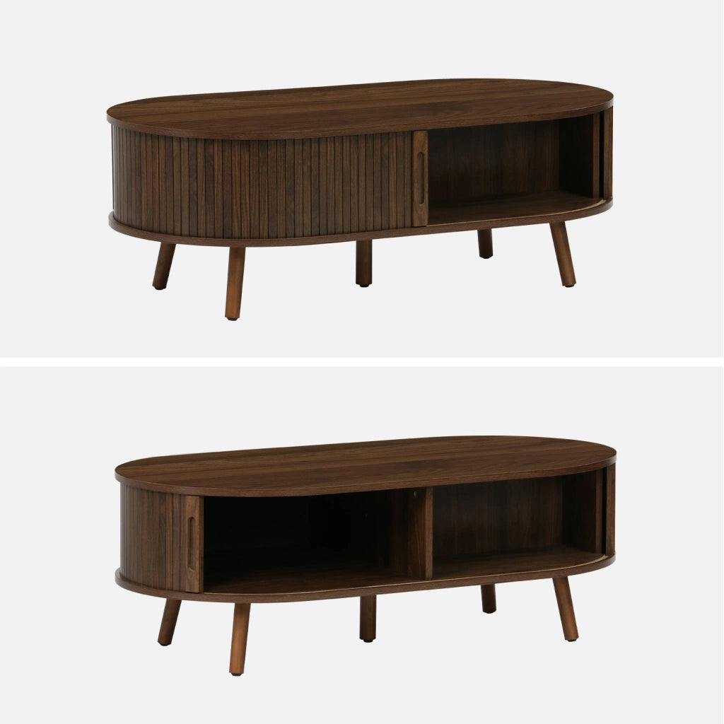Tavolino scandinavo effetto legno scanalato 2 ante scorrevoli, noce