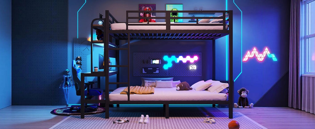 DESMIU Letto a castello 140 × 200 cm 2 posti con scrivania, ripiani, LED, USB, senza materasso, in metallo, nero