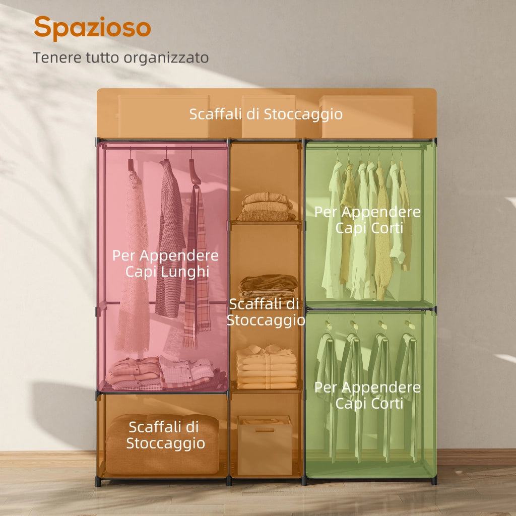 Armadio Guardaroba 182x43x185 cm con 8 Ripiani e 3 Aste per Appendere in Tessuto Nero