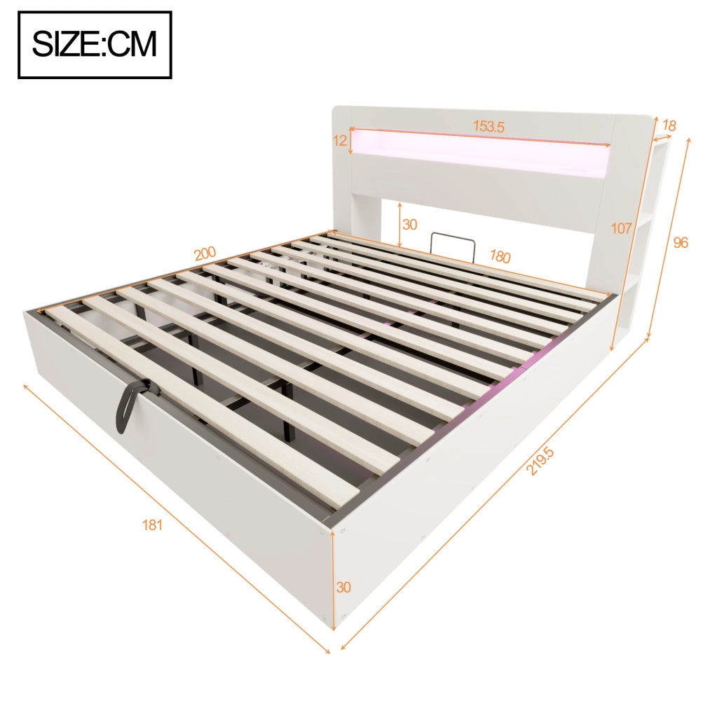 Letto matrimoniale contenitore 180x200 cm in legno bianco con LED; prese e testiera con ripiani