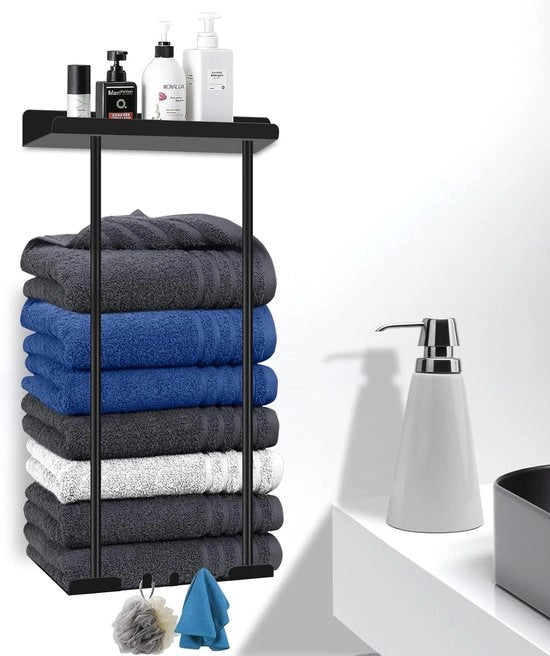 Maniglione per asciugamani senza martellare - asciugamani appoggio senza martellare con piano di appoggio in acciaio di carbonio, autoadesivo, staccabile, asciugamani appoggio per ospiti (38-75 cm) con gancio - nero