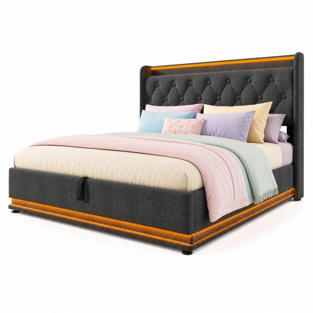 Letto matrimoniale 140x200 cm in lino grigio con LED 360; contenitore idraulico e porte USB