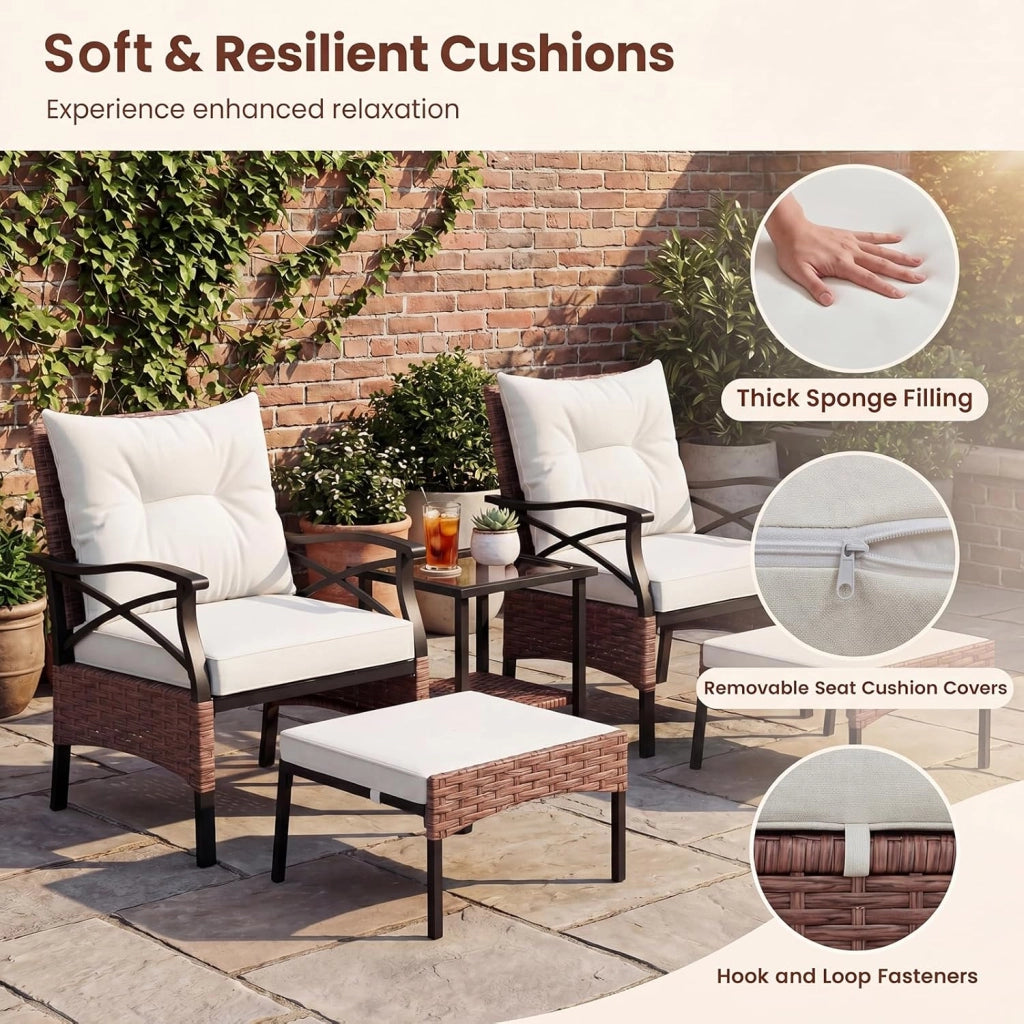 Set di mobili da giardino in rattan, per balconi, balconi, terrazze, 2 poltrone con sgabello, con cuscino, set di mobili da balcone per 2 persone (Beige)