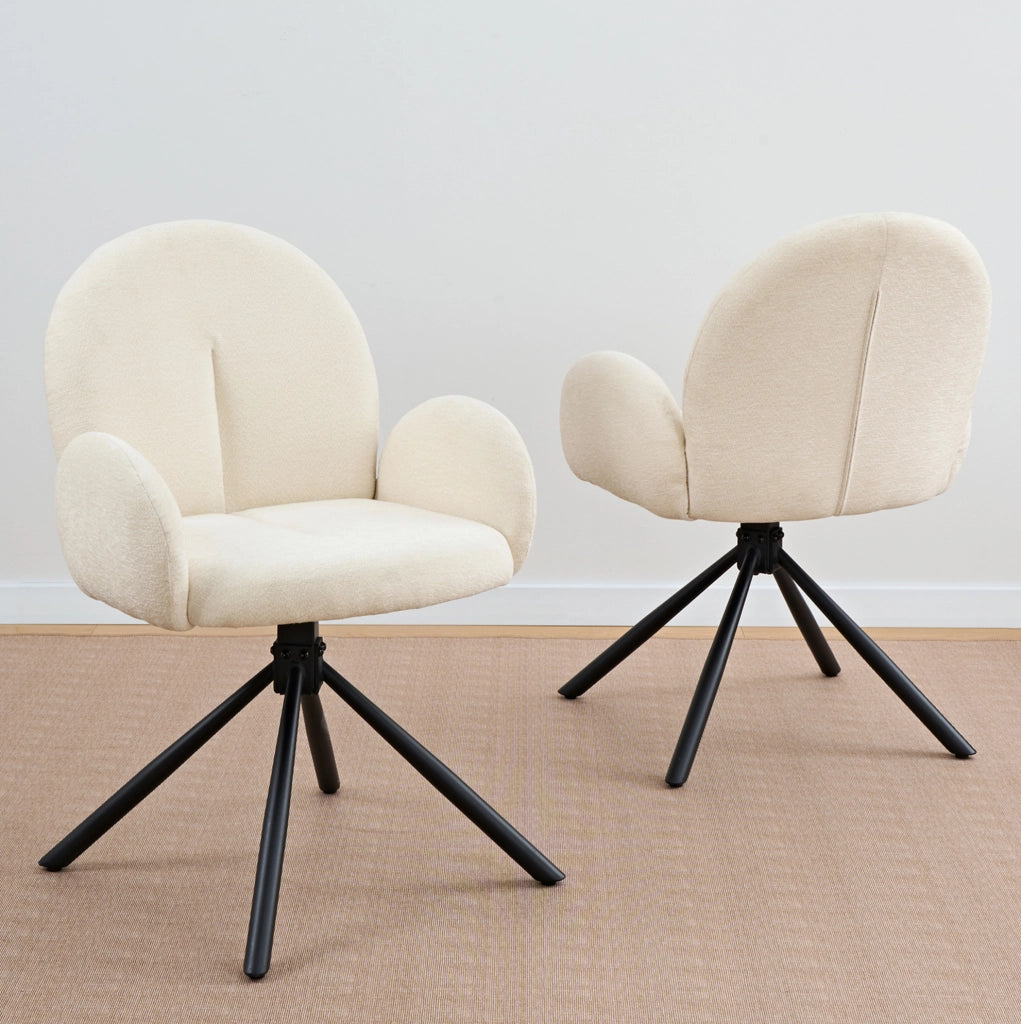 Set di 2 sedie girevoli con braccioli in chenille e gambe in metallo; bianco crema