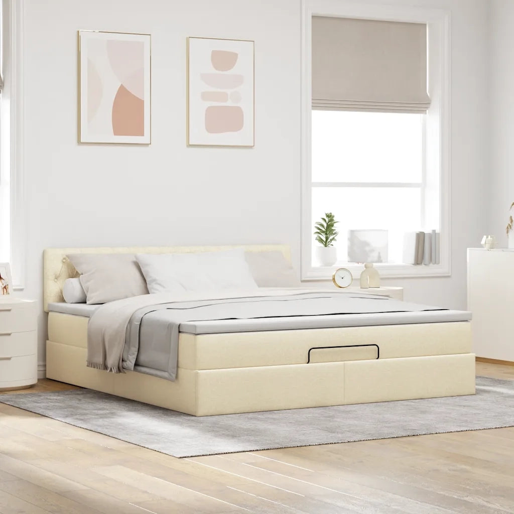 Pouf Letto con Materasso e LED Crema 180x200cm in Tessuto