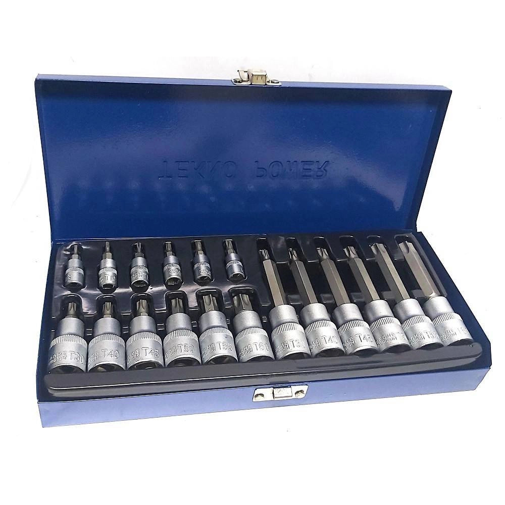 Trade Shop - Kit Set Inserti Chiavi 19 Pezzi Bussole Chiavi Torx Maschi 1/4" 1/2" In Valigia -