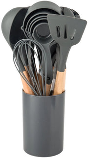 Set di accessori da cucina per cottura, 33 pezzi di accessori da cottura in silicone antiscivolo con contenitore e manico in legno, accessori da cucina in silicone - grigio