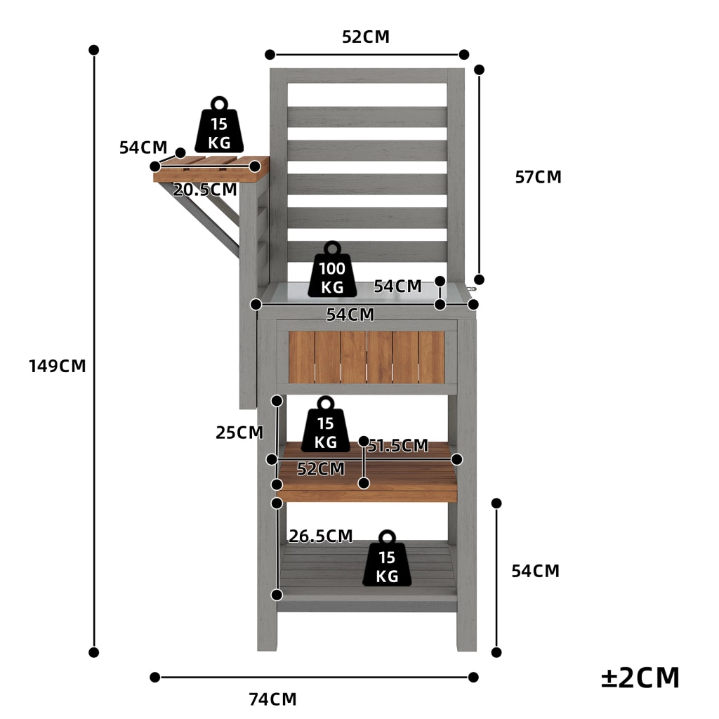 Armadio Da Giardino con Piano In Acciaio Inox e Doppio Ripiano Contenitore in Legno Massello Naturale 74 × 54 × 149 cm