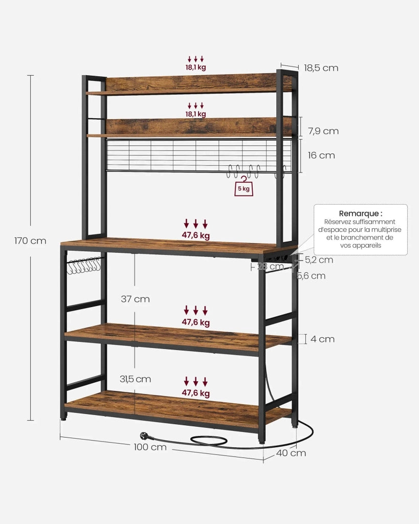 Mensola da cucina con multipresa supporto per microonde ripiano portaoggetti con pannello in rete metallica 14 ganci 40 x 100 x 170 cm marrone 12_0005665
