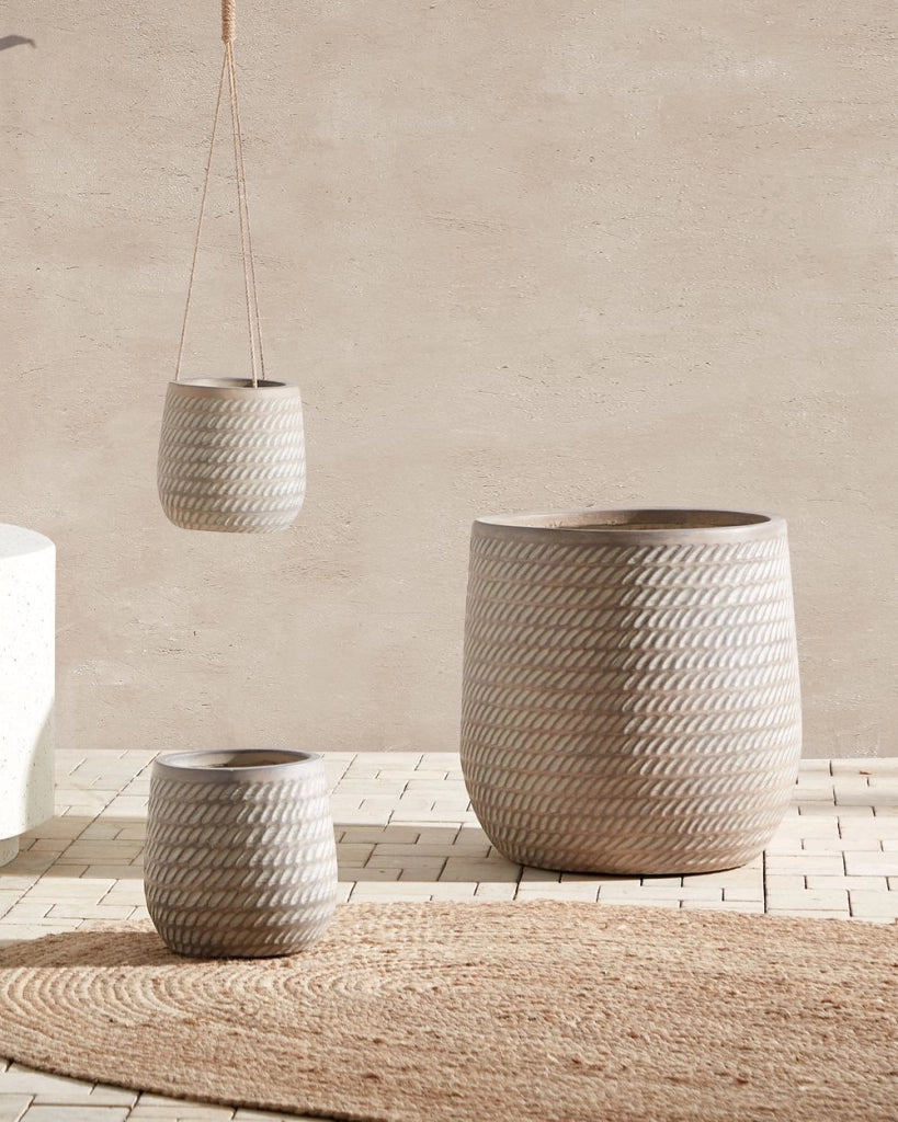 Vaso rotondo per piante in fibra di argilla con motivo in rilievo beige ⌀ 39 cm giardino terrazzo