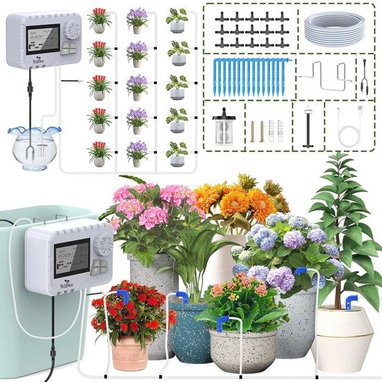 Sistema di irrigazione automatico per Giardino e Balcone - Computer di irrigazione con Batteria ricaricabile e 15 punti di innaffiatura
