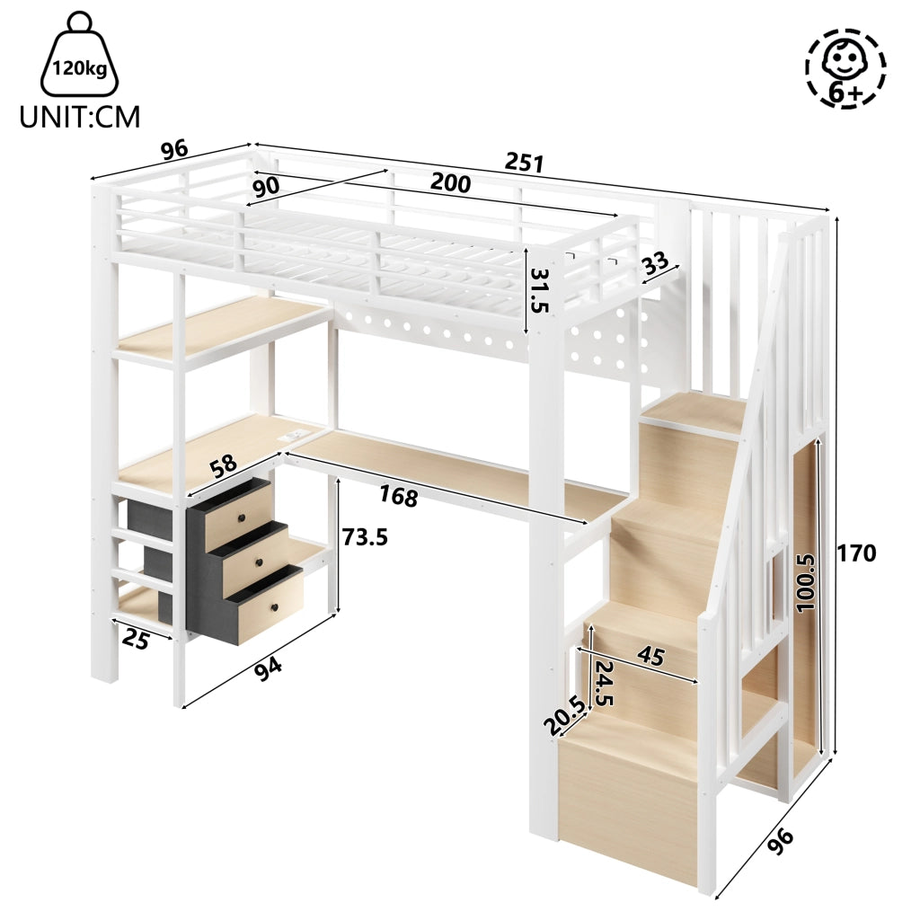 DESMIU Letto a soppalco 90 × 200 cm 1 posto con scrivania, ripiani, cassetti, LED e presa, senza materasso, bianco