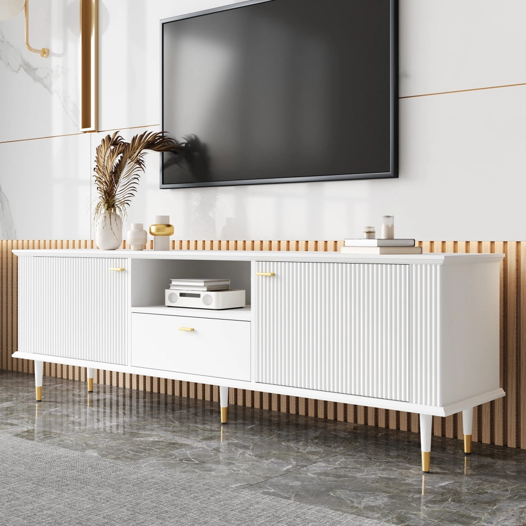 Mobile porta TV con 2 ante 1 vano aperto e 1 cassetto con passacavi per soggiorno in MDF bianco 170 × 36 × 54 cm