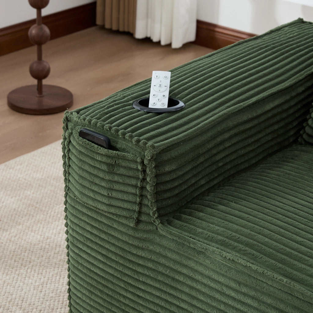 DIVANO modulare 2 posti 188x90x75 cm in corduroy verde con portabicchieri