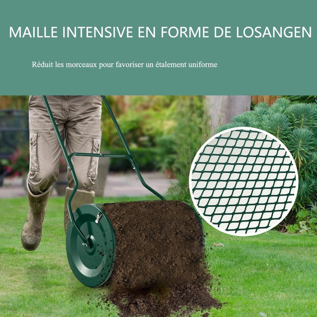 Rullo Spargiconcime Prato da 80L, Spargiconcime a Rullo Ø39 x 68 cm con Manico e Cestello in Rete Metallica, Spargiterriccio da Giardino per Concimazione e Semina (Verde)
