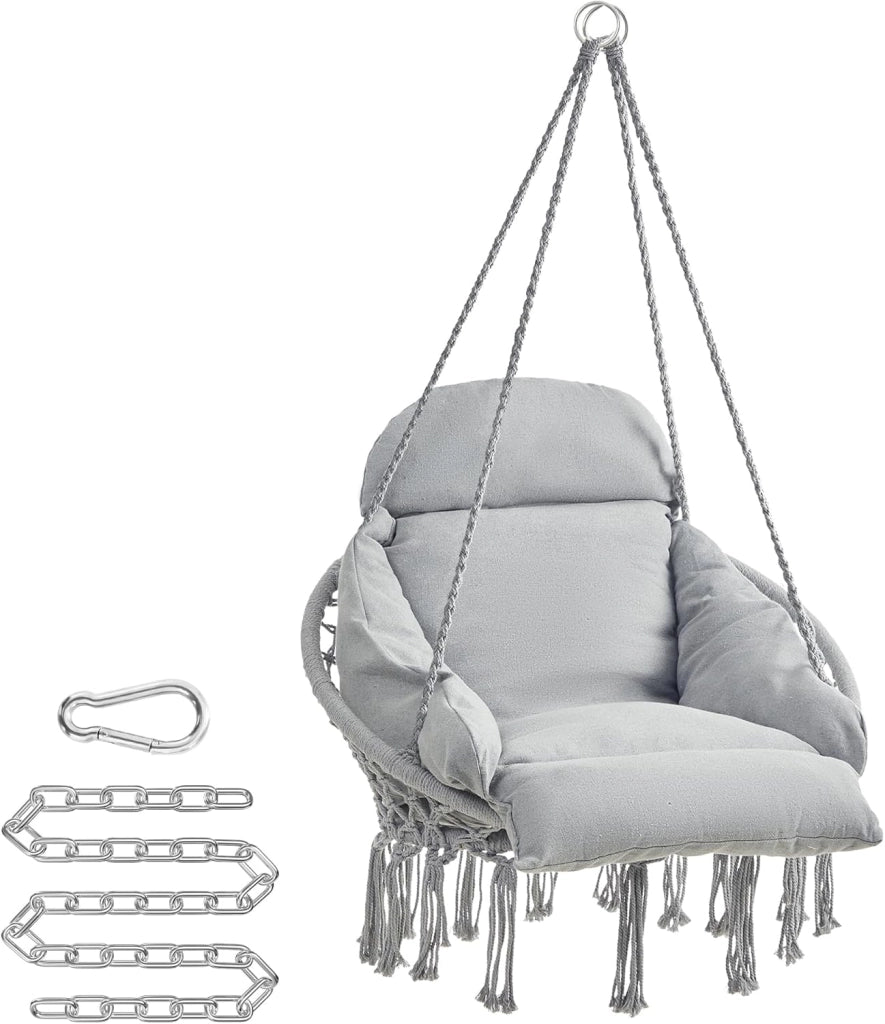 SONGMICS Sedia Altalena, Sedia Amaca, Cuscino Ben Imbottito, Sedia Sospesa Boho, Camera da Letto Balcone Giardino Soggiorno, Regge 120 kg, Accessori Inclusi, Bianco Crema GDC042M01