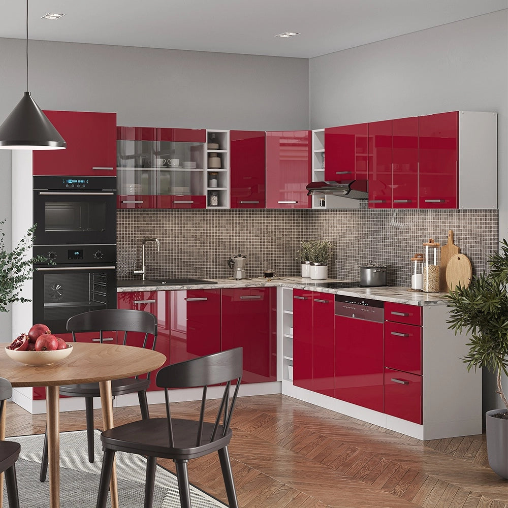 Cucina angolare completa R-Line Rosso lucido/Bianco 247 x 237 cm, PL Marmo Vicco