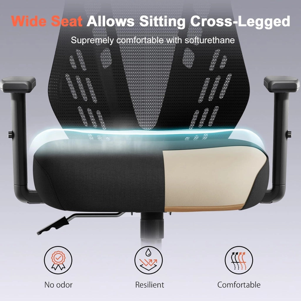 Sedia da ufficio ergonomica con braccioli regolabili, in rete traspirante, schienale a forma di V, funzione basculante, seduta in schiuma ad alta densità, colore nero