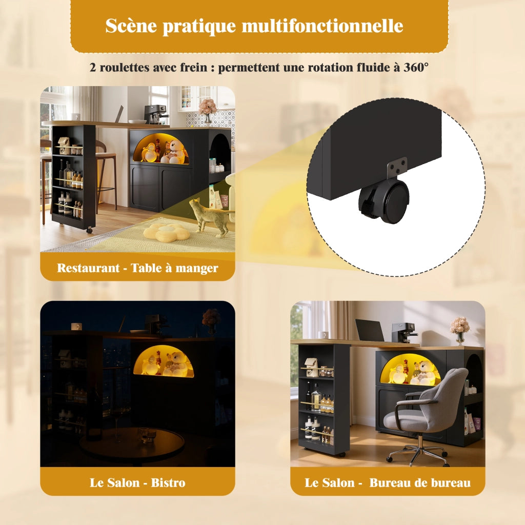 Tavolo Bar Alto con Contenitore; Ripiani Regolabili; LED; USB e Ruote per Cucina e Soggiorno; 135-205x39x100 cm