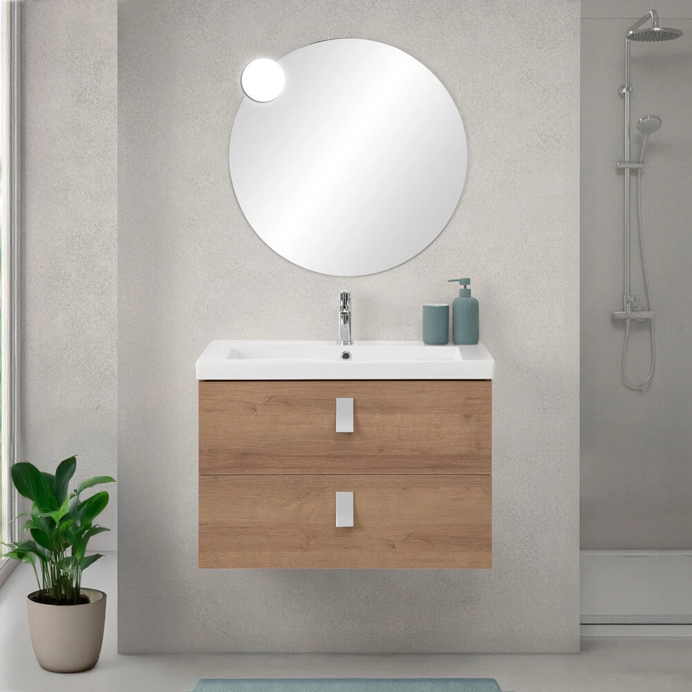 Mobile bagno sospeso 80 cm in rovere chiaro con lavabo e specchio tondo Bravo