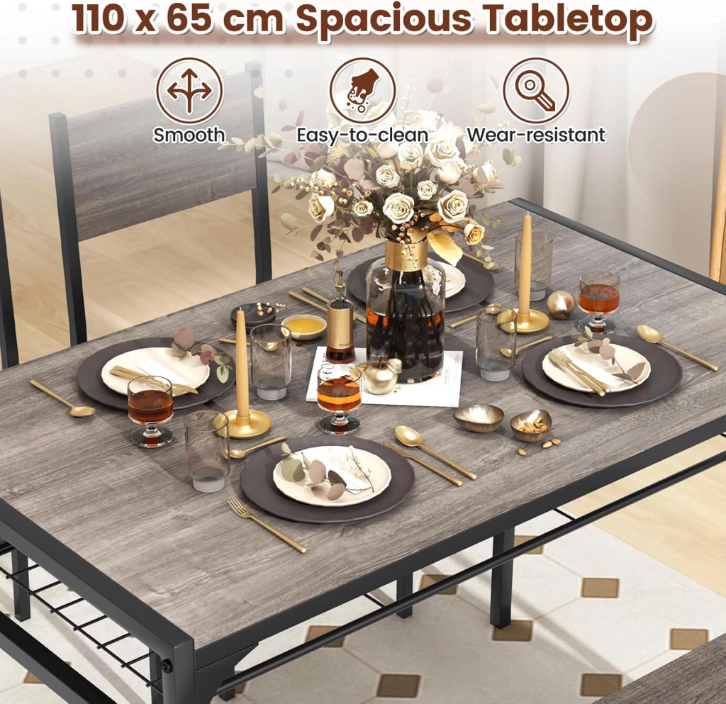Set di tavolo da pranzo per 4, tavolo rettangolare con 2 sedie, 1 panchina, mensole, telaio in metallo resistente, set da pranzo da 4 pezzi, sala da pranzo, cucina (grigio), NF88000