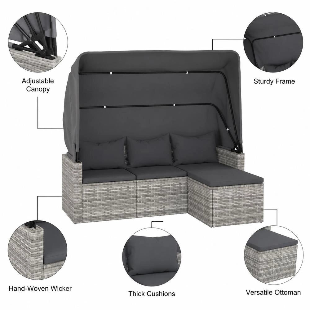 3-seater Garden Sofa With Roof And Footstool Grey Poly Rattan