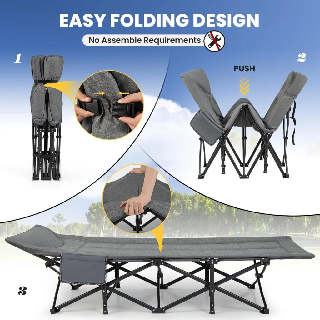 SOARS Lettino pieghevole da campeggio con cuscino integrato, letto pieghevole con tasca laterale e borsa per il trasporto, portata fino a 200 kg, per interni, esterni, 190 x 69 x 48,5 cm