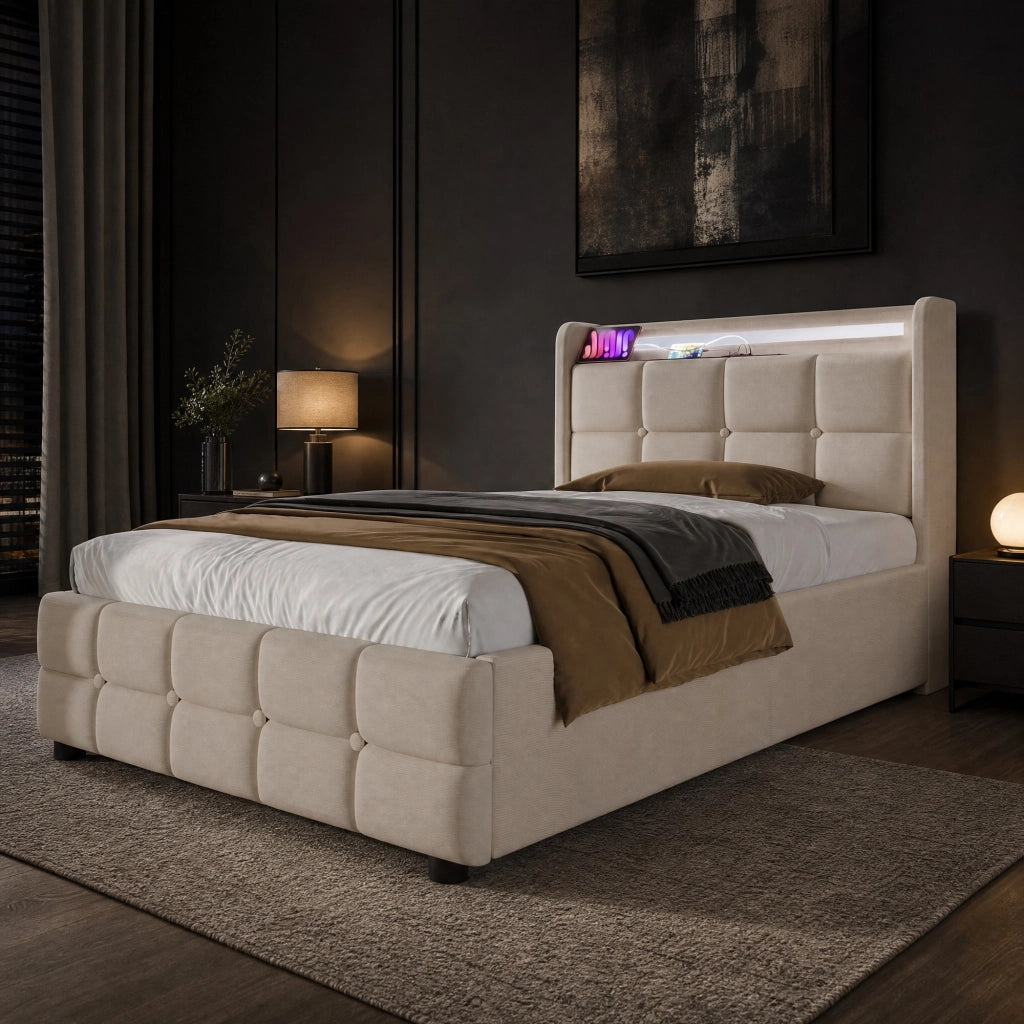 Letto singolo 90x200 cm con LED; USB; prese e 2 cassetti; beige