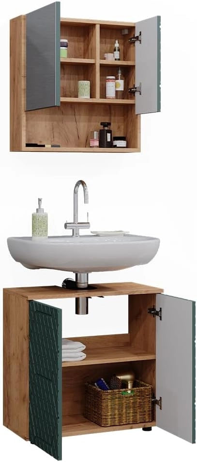 Set mobili bagno Irma, Quercia verde/oro, 2 parti, base 60 cm, composto da specchio da bagno e mobile sottolavabo