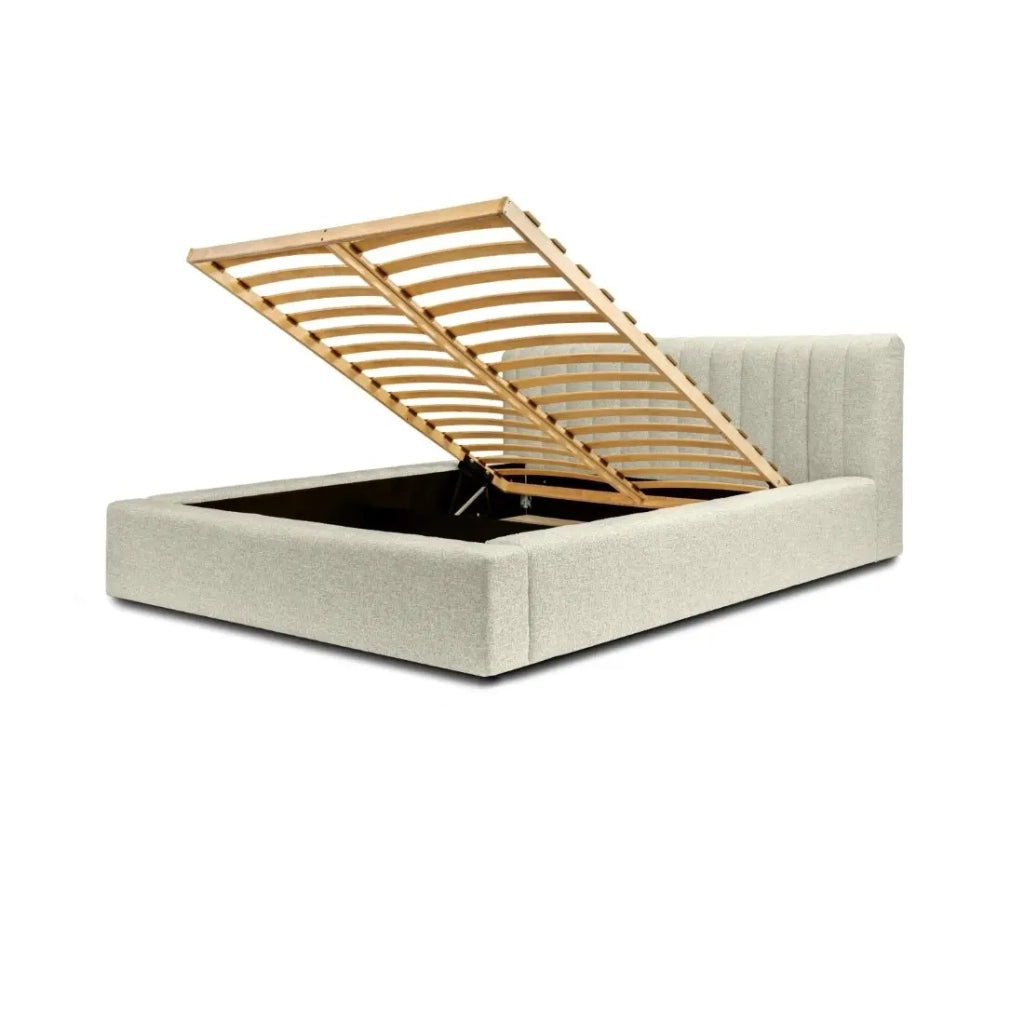 Letto contenitore CERVIN – Taupe sablé bouclé – 160x200 cm – Rete sollevabile – Design di alta gamma