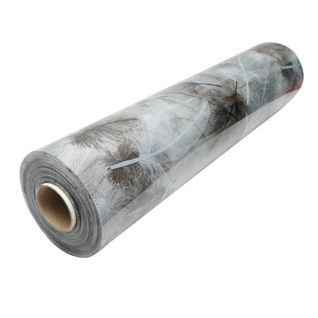 Rotolo di pellicola protettiva per tavoli in PVC siliconico trasparente 0,8x20m, spessore 1,2mm, , modello piume Breckner Germany