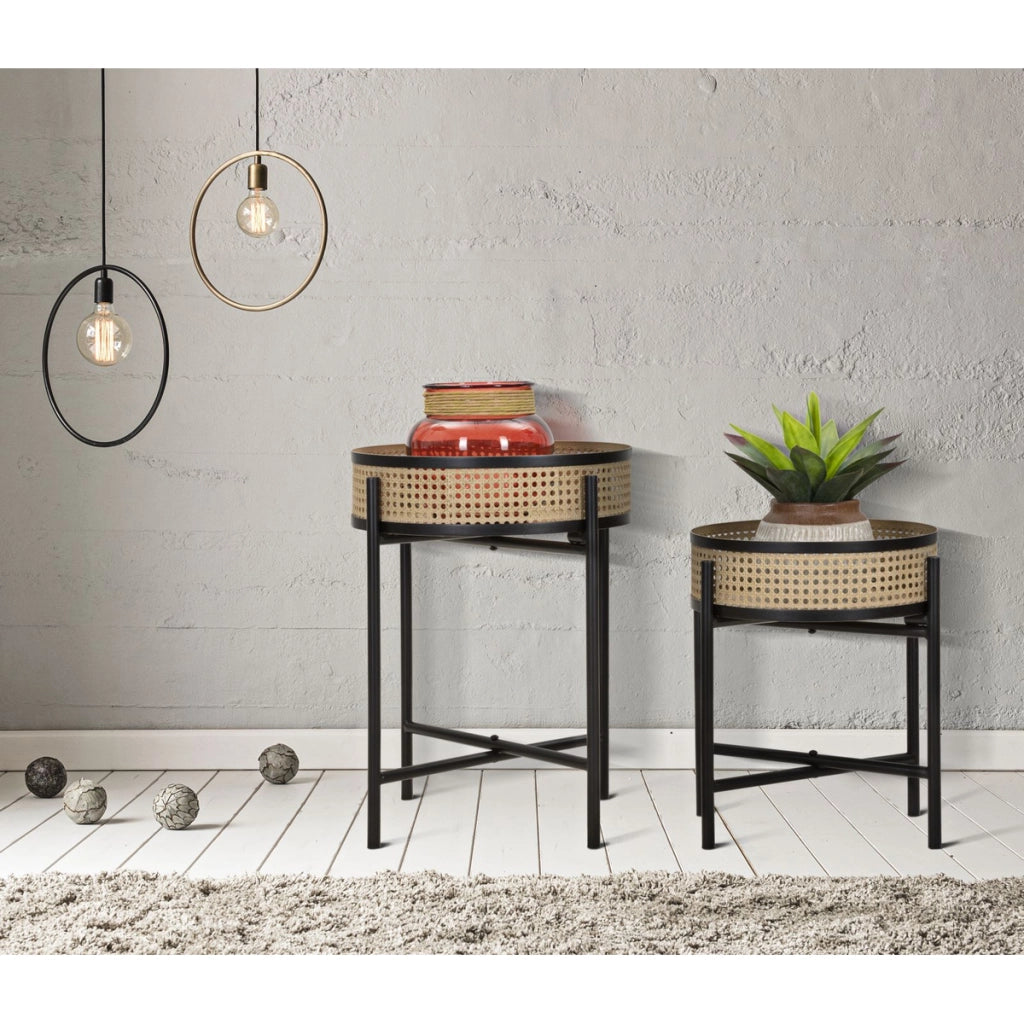 Porta-vasi Fuji in rattan e ferro nero — coppia Ø 40x50 e Ø 35x40 cm