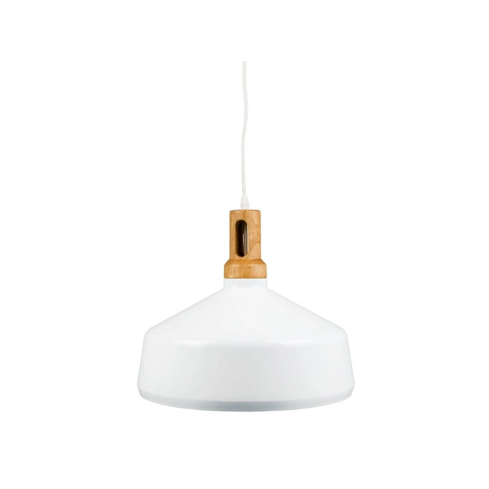Trade Shop - Lampadario Pendente Lampada A Sospensione Parabola Bianca Base In Legno Vt-7545 -