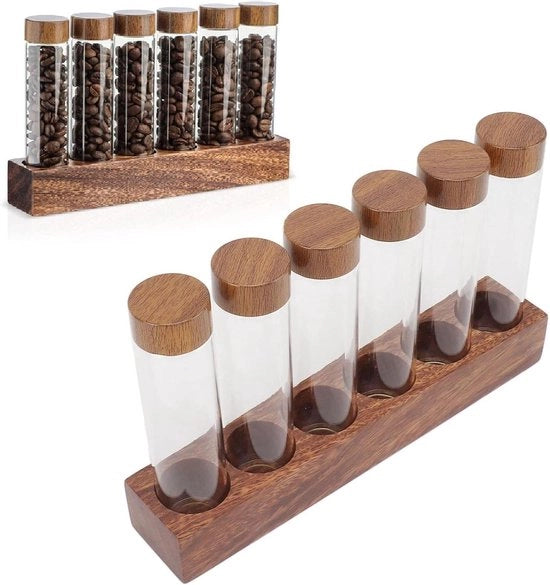 Tubi di conservazione per fagioli di caffè con supporto in legno di noce - Contenitore singolo a dosso portatile per tubi di caffè - Organizzatore di negozio bar sala da pranzo