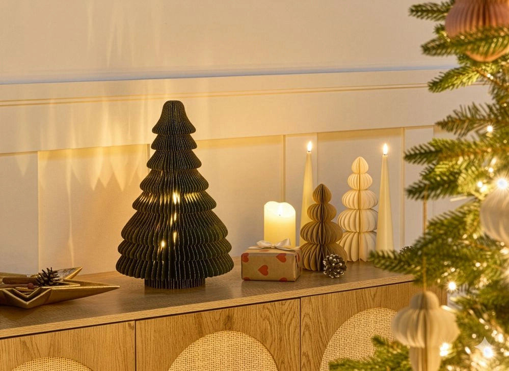 Figurina albero di Natale LED Carta a nido d'ape verde Effetto 3D con luci LED Stile origami Festivo
