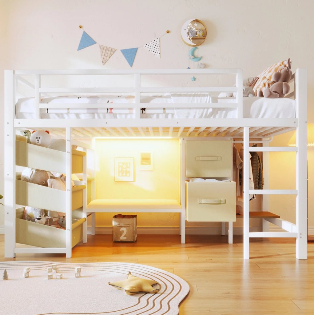 LETTO Semialto 90x200 cm Metallo Bianco con cuscino e contenitori in tessuto