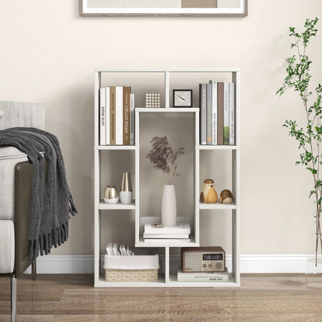 Libreria geometrica a 7 cubi, Moderna scaffale aperto da pavimento con dispositivo anti-ribaltamento per studio Bianco-Librerie