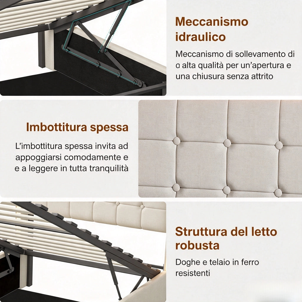 Letto singolo 90x200 cm con contenitore e LED  struttura letto con testiera e USB  letto contenitore in acciaio-beige