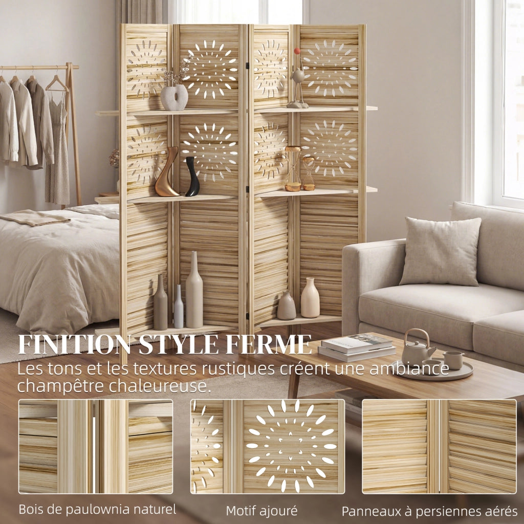Libreria divisorio 4 pannelli con 3 ripiani ¨C zephmum ¨C legno di paulownia 160x170 cm