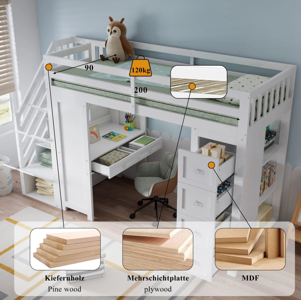 Letto a soppalco per bambini 90x200 cm bianco con scrivania