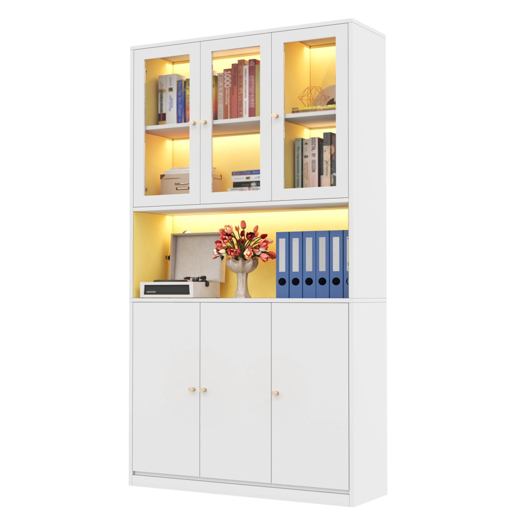 Libreria 100x35x200 cm bianca in MDF, vetrina LED e 3 ante