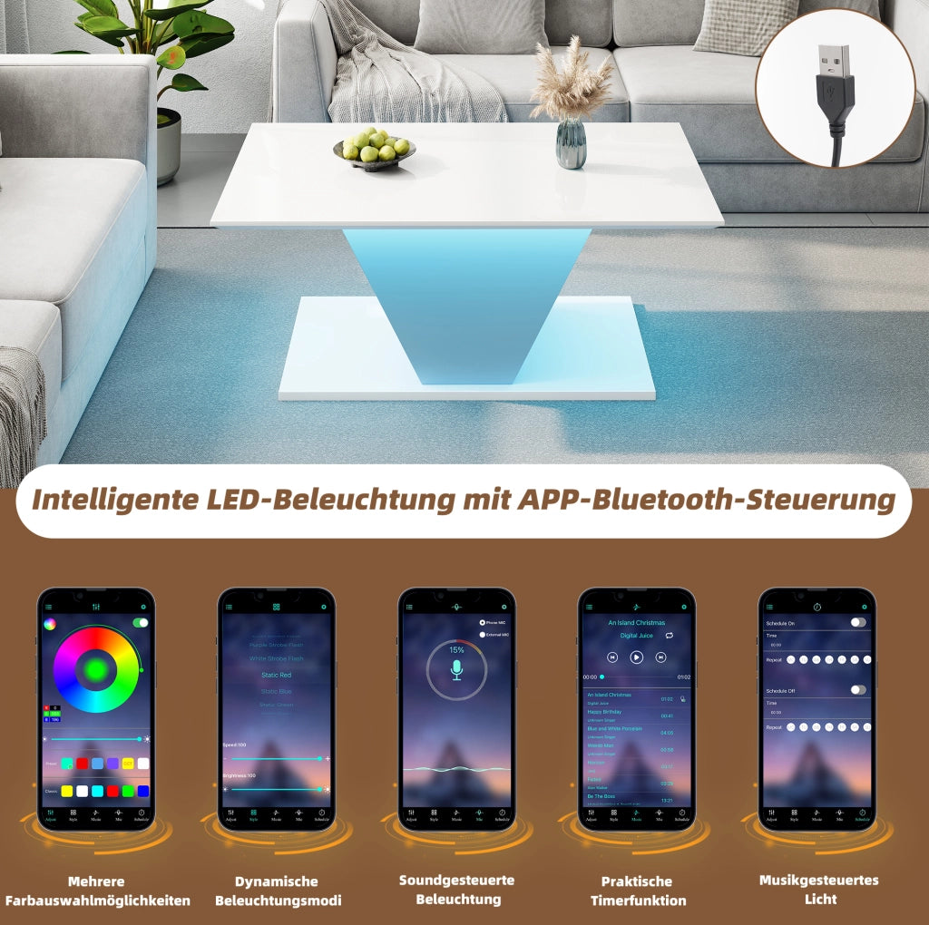 Tavolino da caffè bianco con LED USB, design a V, 100x50x46 cm