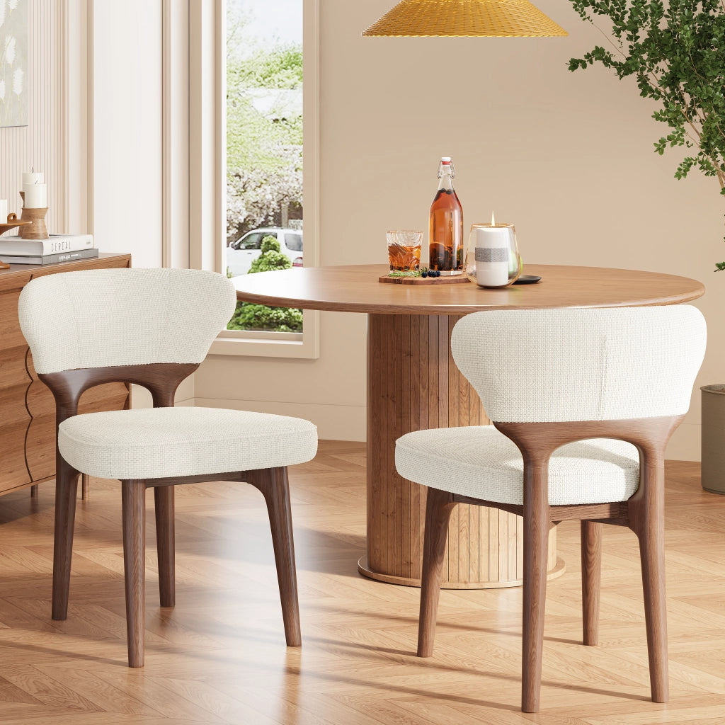 Set di 2 sedie da pranzo in legno massello e ciniglia; beige chiaro
