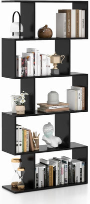 Scaffale in Legno a 5 Ripiani, Libreria Scaffale a Forma di S con Dispositivo Antiribaltamento, Divisorio per Soggiorno Ufficio Camera da Letto, 70 x 23,5 x 158 cm