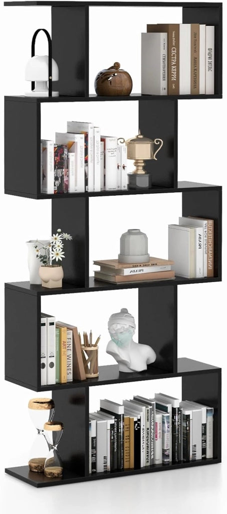 Scaffale in Legno a 5 Ripiani, Libreria Scaffale a Forma di S con Dispositivo Antiribaltamento, Divisorio per Soggiorno Ufficio Camera da Letto, 70 x 23,5 x 158 cm